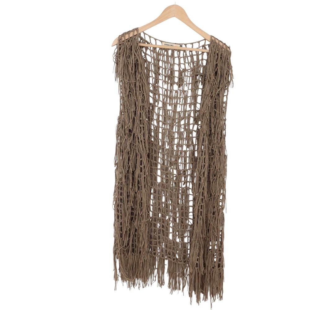 Origami Vest Womens S/M Brown Fringe Open Knit Crochet Shaggy Excellent